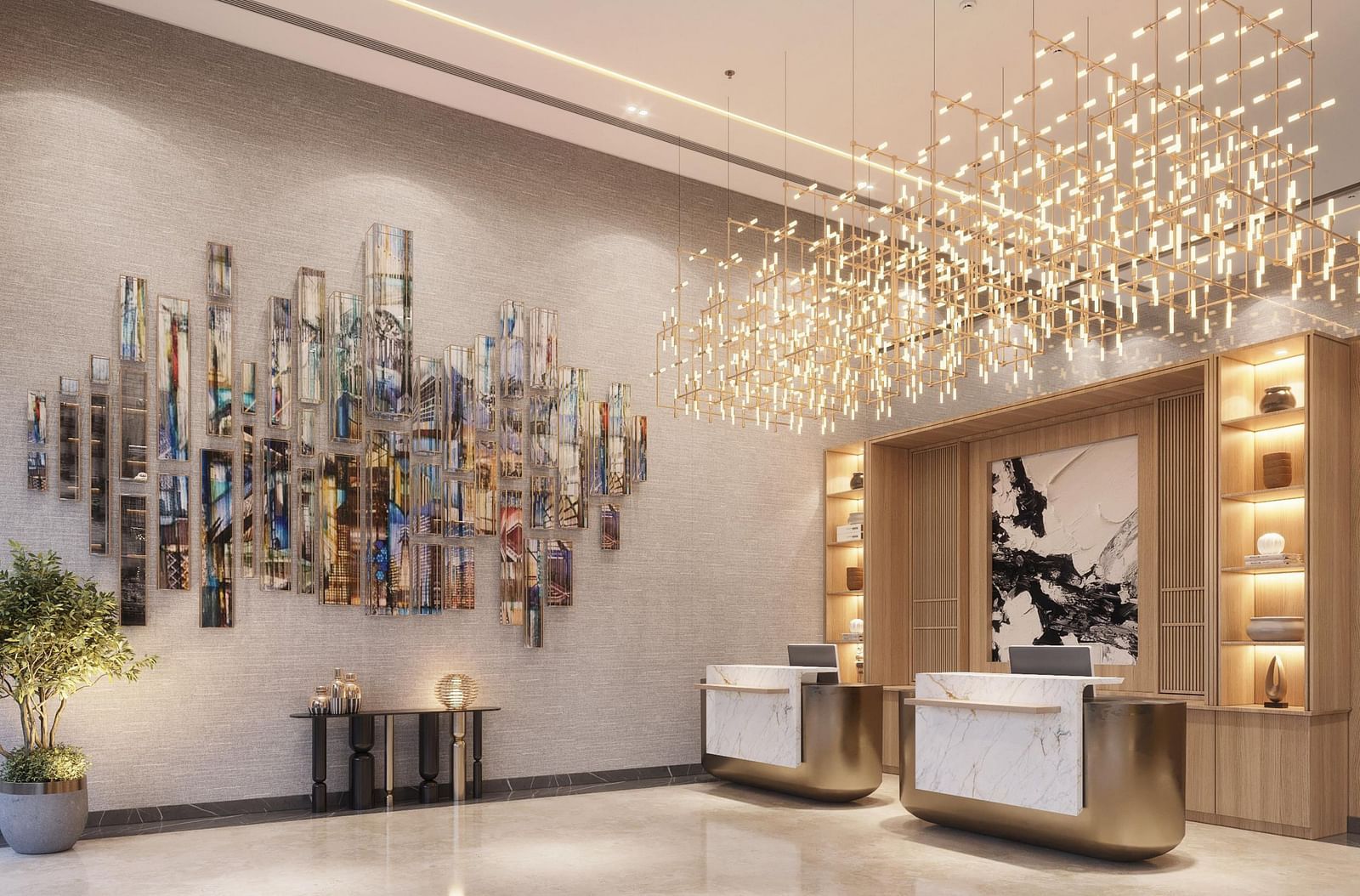 Image of lobby with reception desk and lights on the ceiling at Ramada Encore by Wyndham Gurugram Dwarka Expressway